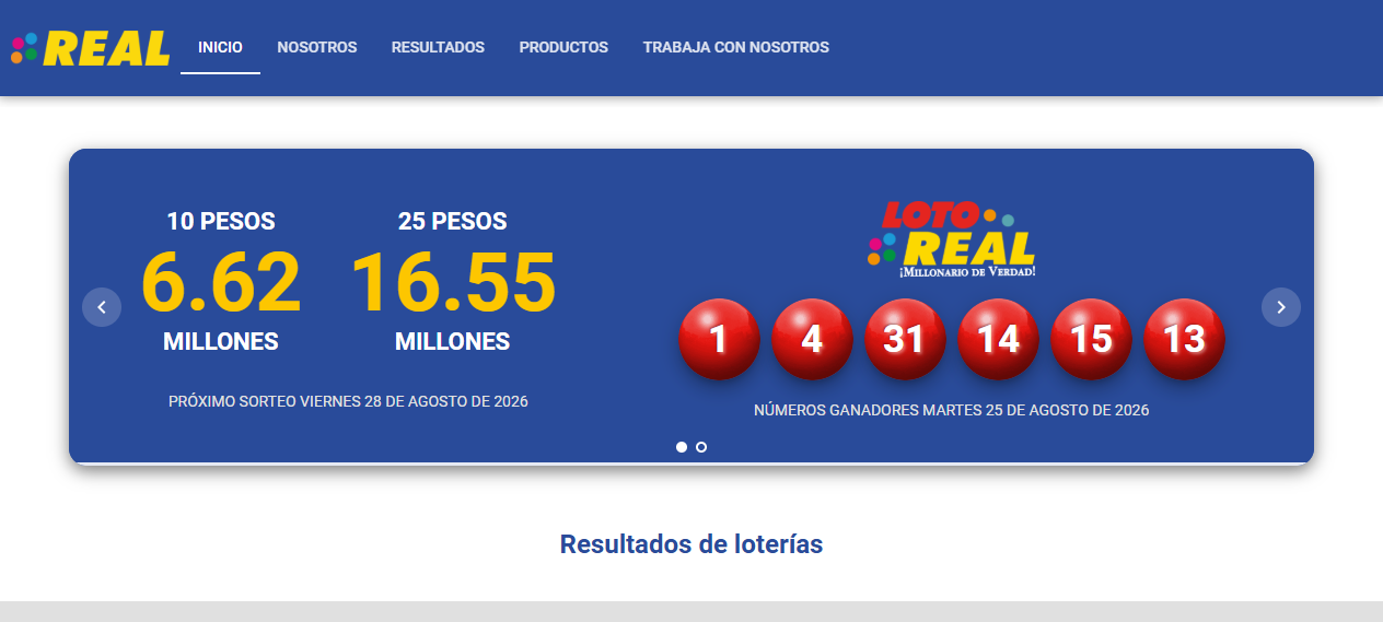 Sitio web de Loto Real con resultados de lotería y su interfaz azul